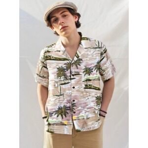 Mens 90s Hilo Hattie Hawaiian Shirt Palm Tree Short Sleeve Button Tan Size Large